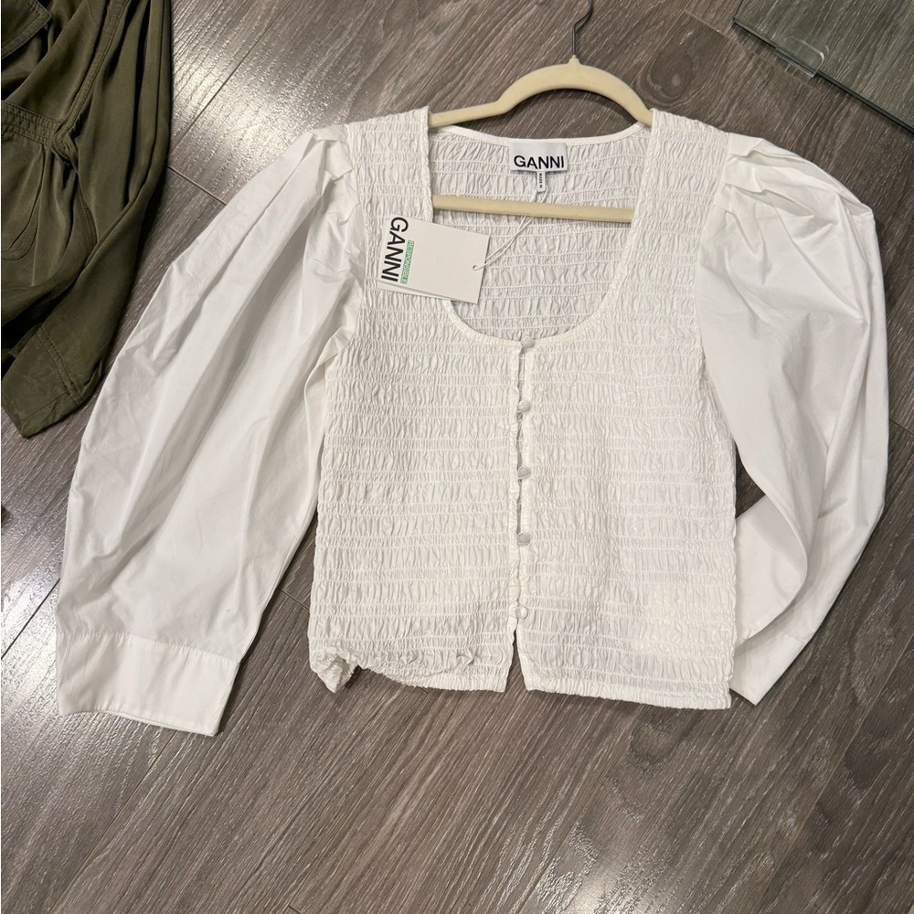 Ganni Textured White Blouse with Puff Sleeves